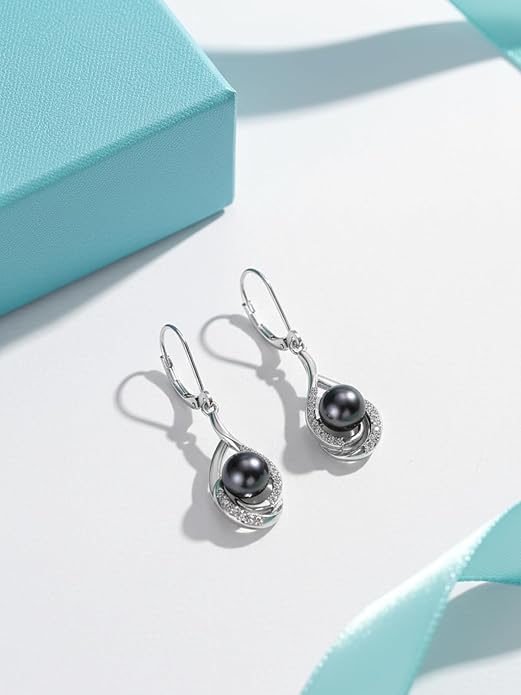 Tahitian Black Pearl Earrings Gifts for Women Wife Celtic Dangle Drop Earrings Wedding Birthday Anniversary Jewelry Valentines Christmas Day Gifts 925 Sterling Silver