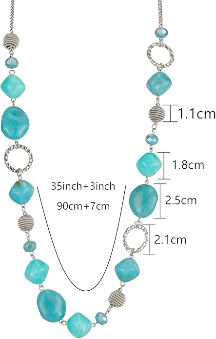 BULINLIN Beaded Long Necklace for Women Silver Sweater Chain Necklace with Crystal Resin Beads, Fashion Jewelry Necklace