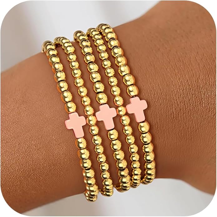Gold Bead Bracelets for Women Girls - 14K Gold Plated Dainty Round Bead Ball Pearl Cross Bracelet Stack for Women Teenage Girls Stackable Jewelry Christmas Gifts