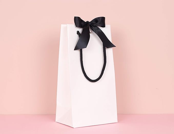 PAPERIST 12pcs Elegance Gift Bag with Satin Bows Ribbon, Sturdy Durable Thick Gift Bag, White gift bag with Black handle and Black Ribbon, Gift bag for Wedding, Christmas, Birthday Party