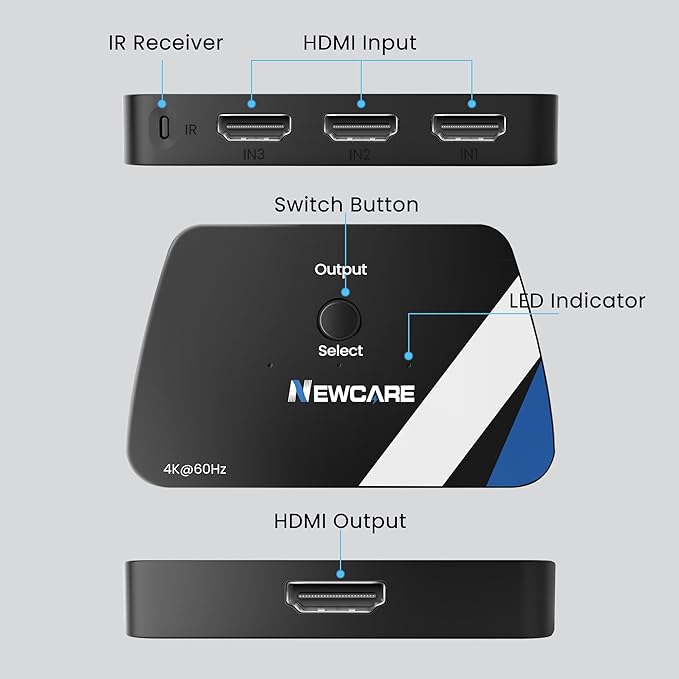 NEWCARE HDMI Switch 3 in 1 Out, 4K@60Hz HDMI Splitter with Remote, HDMI Switcher Support HDCP2.2 Dolby HDR10+ VRR 3D, Compatible with TV PS5/4 Xbox Laptops PC Projector Blu-ray Player