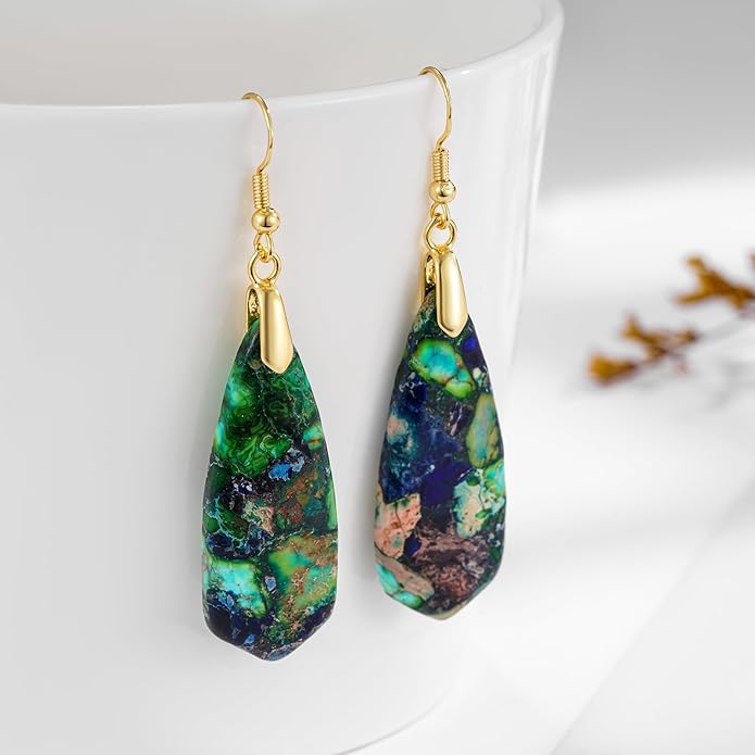 Boho Women Natural Stone Earrings Unique Healing Imperial Jasper Gemstone Energy Hypoallergenic Lightweight Dangle Drop Earrings Multiple Styles Earrings Jewelry for Birthday Party Gift