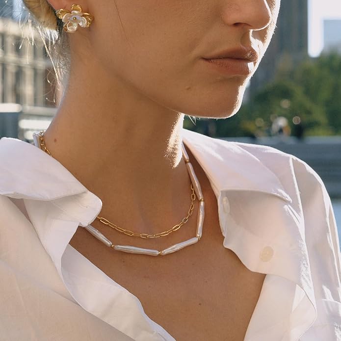 Horseshoe Necklace for Women girl Fashion 18k Gold Plated Dainty Light Blue Crystal Stone Layered Long Necklace Handmade Hypoallergenic
