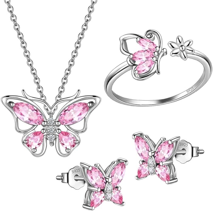 925 Sterling Silver Birthstone Butterfly Jewelry Women Crystal Animal Cute Butterflies Birthday Necklace/Earring/Ring/Bracelet Sets Birth Stone Statement Anniversary Jewellery