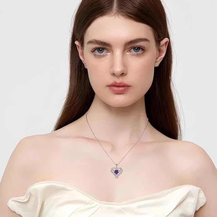FJ Heart Angel Wings Pendant Necklace 925 Sterling Silver Birthstone Jewelry Gifts for Women