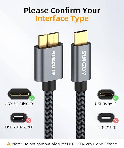 SUNGUY 10Gbps Micro B to USB C Hard Drive Cable 0.5FT, USB 3.1 USB C to Micro B, High-Speed External Hard Drive USB C Cable for iPhone 16/15 Series, MacBook Pro/Air, iPad, WD Toshiba Westgate Seagate