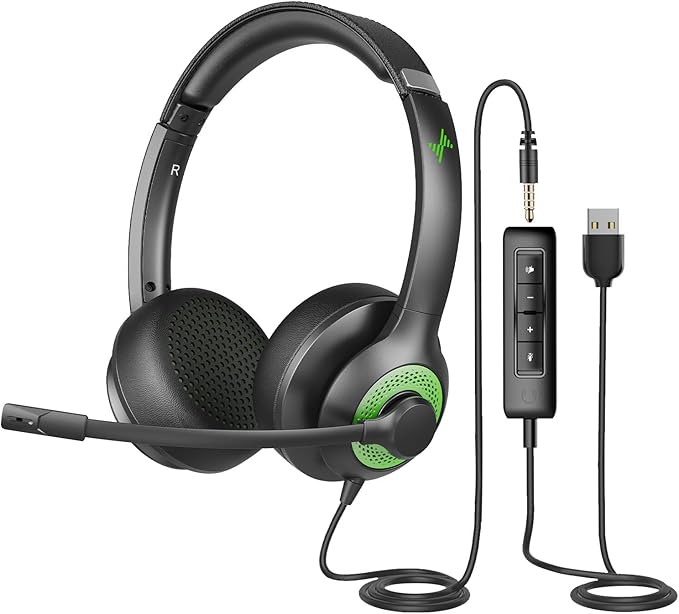 USB Headset with Mic for PC, On-Ear Computer Laptop Headphones with Noise Cancelling Microphone in-line Control for Home Office Online Class (USB+3.5mm, Green)