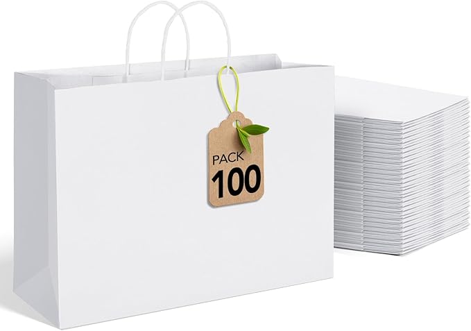 MESHA White Large Paper Bags 16x6x12 Inch 100 Pack Kraft Shopping Gift Bags with Handles Bulk for Small Business, Party, Recycled