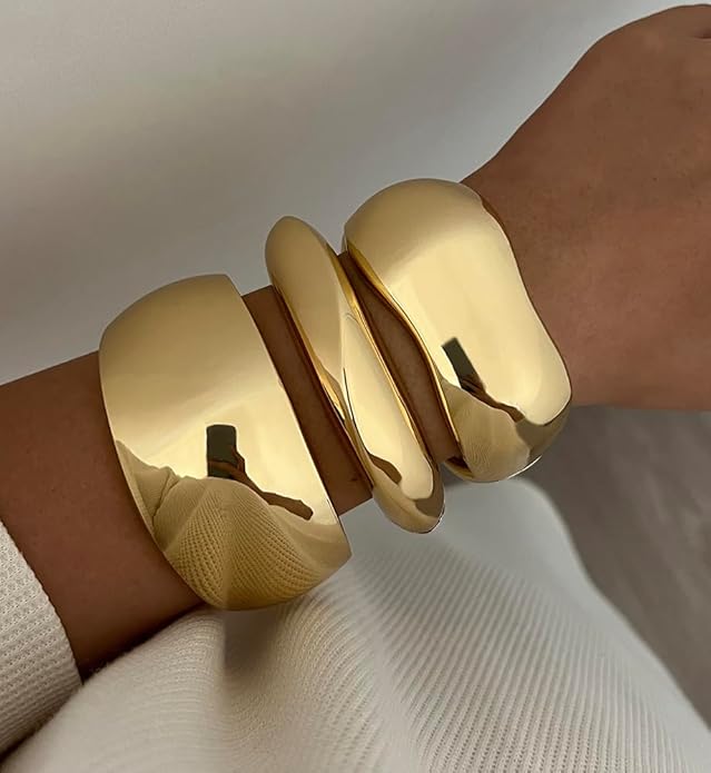 Chunky Gold Bangle Bracelets for Women, Dainty 14k Gold Plated Big Stackable Bangles Set, Trendy Statement Cuff Bracelet Stack Fashion Jewelry Christmas Gifts