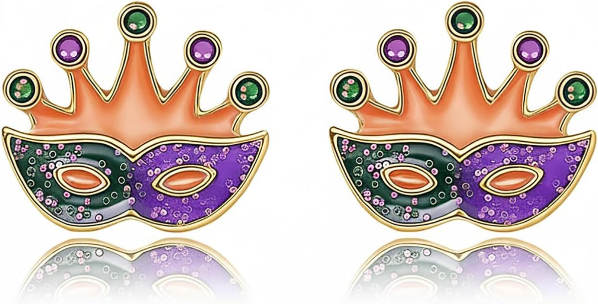 MardiGras Stud Earrings for Women Glitter Delicate Compact Flower Mask Hat Lips Stud Earring Charm Green Purple Gold Carnival Earring Cute MardiGras Jewelry Accessories for Women