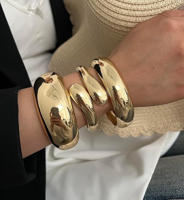 Chunky Gold Bangle Bracelets for Women, Dainty 14k Gold Plated Big Stackable Bangles Set, Trendy Statement Cuff Bracelet Stack Fashion Jewelry Christmas Gifts
