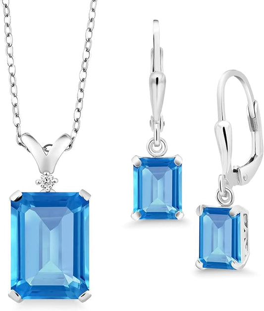 Gem Stone King 9-13 Cttw Pendant and Earrings Jewelry Set For Women | Emerald Cut 14X10MM and 8X6MM | Round 1.5MM | Gemstone Birthstone and Diamond | 925 Sterling Silver | 18 Inch Silver Chain