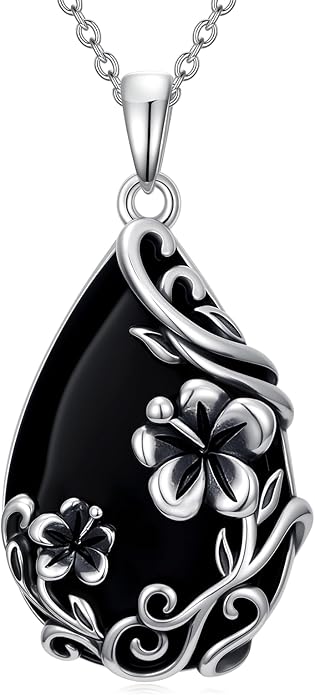 Black Onyx Necklace 925 Sterling Silver Flower Insect Pendant Teardrop Onyx Jewelry Valentines Day Birthday Gifts for Women