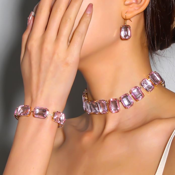 KOSMOS-LI Rectangle Faux Crystal Jewelry Sets Includ Necklace Bracelet Earrings For Women Stocking Stuffers