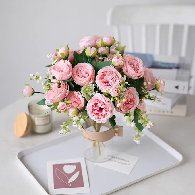 Floweroyal 4 Bunches Peony Artificial Flowers Pink Flowers Silk Peonies Bouquets for Wedding Party Table Centerpieces Floral Arrangement Home Kitchen Decor.