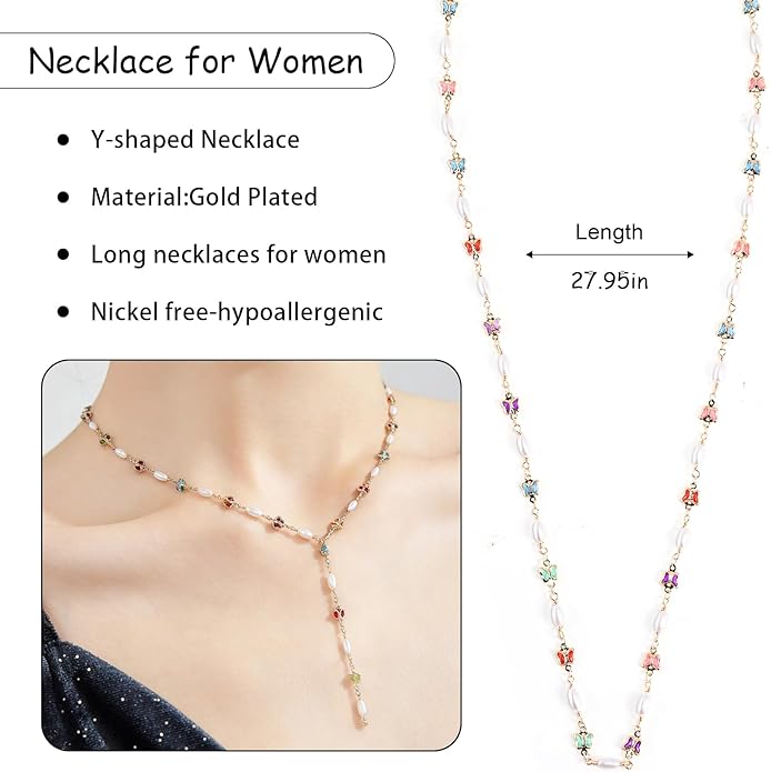Necklace for Women, Dainty Long 14K Gold Y-Shaped Necklace Jewelry Trendy Beaded Layered Chain Drop Necklaces Jewelry Women Gifts