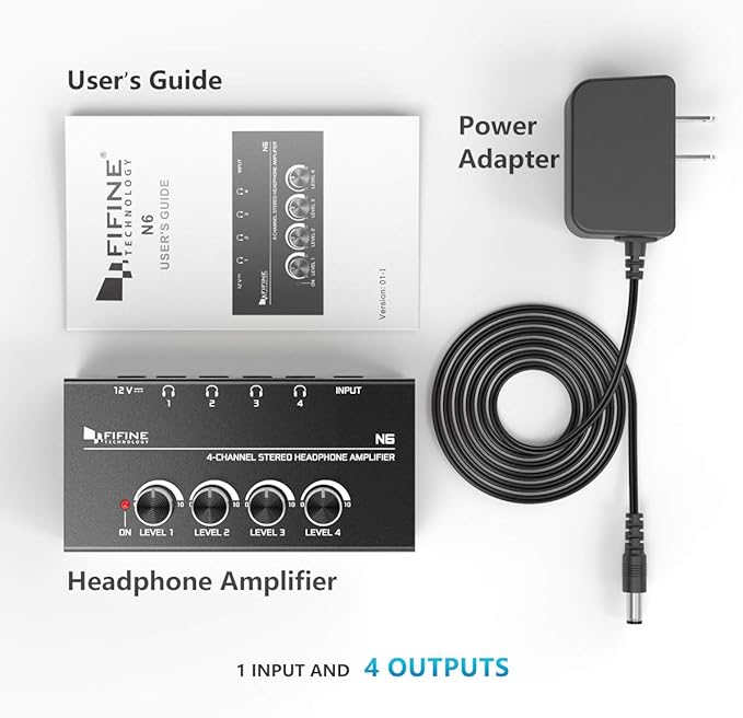 Fifine Headphone Amplifier 4 Channels Metal Stereo Audio Amplifier,Mini Earphone Splitter with Power Adapter-4x Quarter Inch Balanced TRS Headphones Output and TRS Audio Input for Sound Mixer-N6