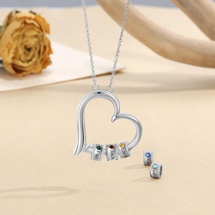 Personalized Women's Pendant Necklace 925 Sterling Silver with 1-5 Simulated Birthstone Names Customized Heart Shape Cubic Zirconia Necklace