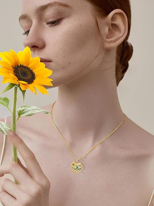 Sunflower Heart Necklace for Women 14K Gold Exquisite Valentines Day Anniversary Birthday Gifts for Wife Mother Her Double Birthstone Pendant Jewelry‘You Are My Sunshine’
