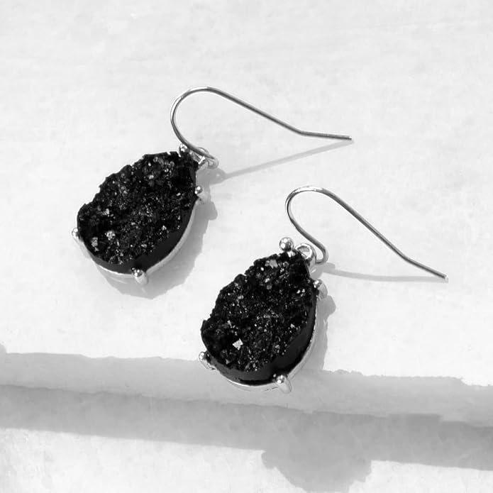 Teardrop Dangle Earrings for Women with Simulated Druzy Stones in Gold or Silver Tone