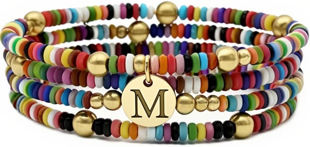 Set of 4 Colorful Bead Initial Bracelets, Personalized Stackable Jewelry, Adjustable Stretchy Charm Bracelets for Women, Beaded Bracelet Set, Trendy Custom Jewelry Gift