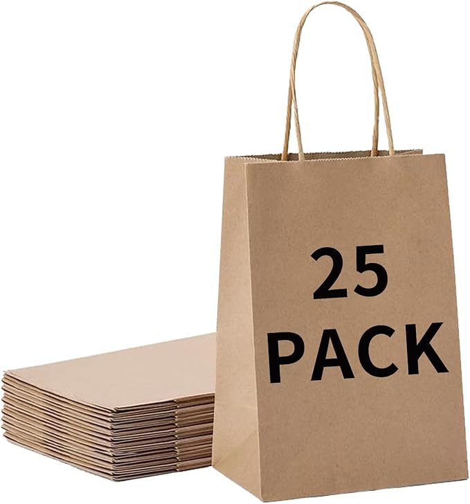 BAG BOX 25 Pcs Medium 8.25x4.3x10.6 Inch Brown Kraft Paper Gift Bags with Handles for Bulk Wedding, Party Favors, Grocery, Shopping, Retail Merchandise, Gift Sacks