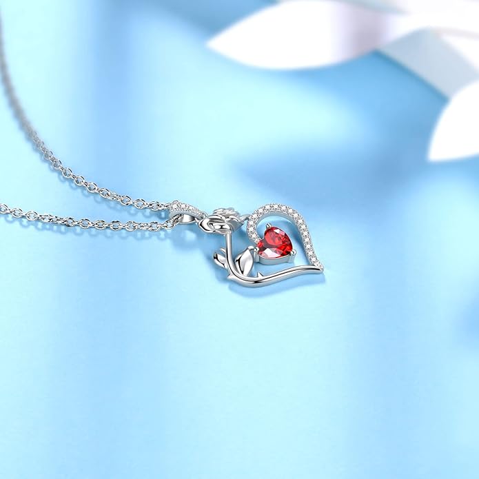Jewmon Valentine Day Gifts for Her Rose Heart Birthstone Necklace for Women 925 Sterling Silver Birth Stone Flower Rose Necklace Anniversary Love GIfts for Girlfriend Wife Mom Birthday Gifts for Her