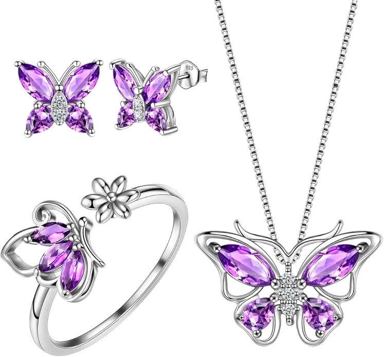 Aurora Tears Butterfly Jewelry,Women 925 Sterling Silver Butterflies Birthstone Pendant Necklace/Earrings/Rings Wedding Gift