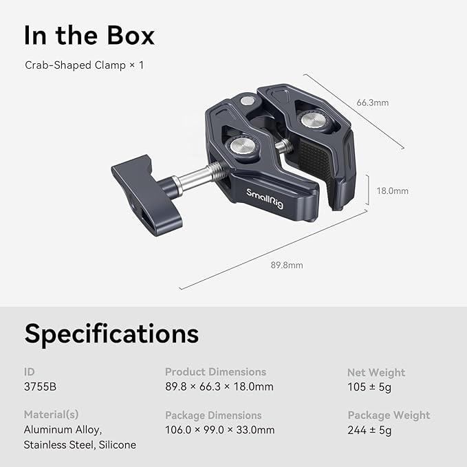 SMALLRIG Clamp, Camera Mount Clamp, Crab-Shaped Super Clamp with 1/4"-20, 3/8"-16 Threaded Holes, Payload 7.7lbs/3.5kg, for Most Photographic Accessories