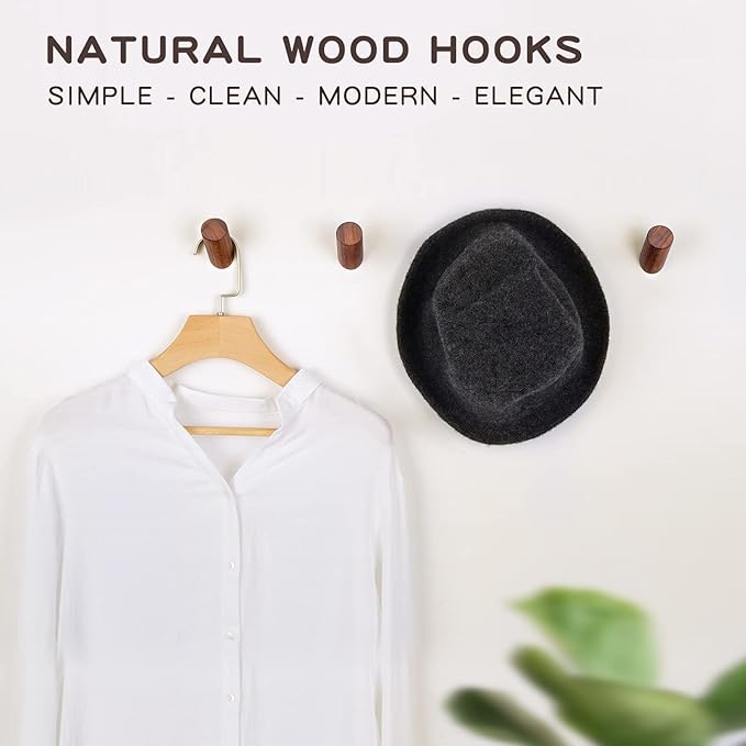 6 Pack Wood Hooks, Natural Coat Hooks Wall Mounted - Rustic Heavy Duty Wall Hooks for Hanging Towels - Entrance Hat Rack Coat Hanger (Walnut Wood)