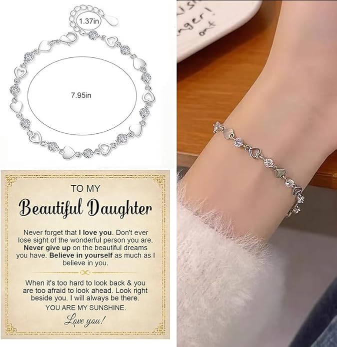 To My Daughter Bracelet, Silver Heart Chain Bracelet with Shiny Stones, Perfect Birthday or Graduation Christmas Gift for Daughter with Message Card and Gift Box
