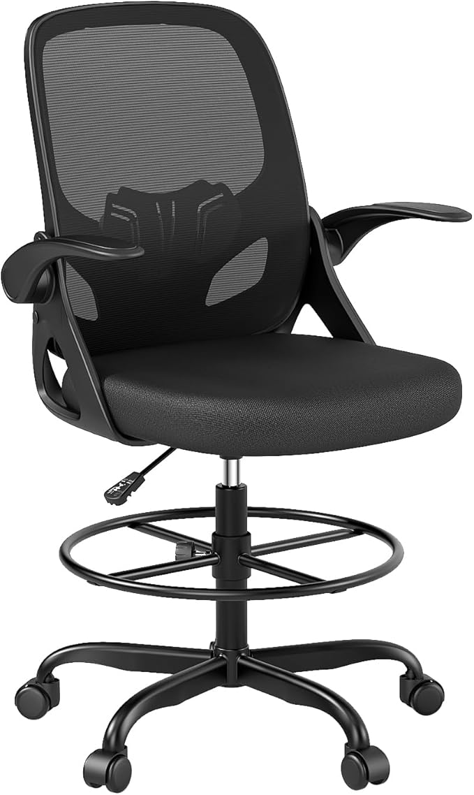 Tall Drafting Chair with Footrest Ring for Home and Work, Ergonomic Home Desk Office Chair with Flip up Arms and Lumbar Support, Extended Height Executive Desk Office(Black)