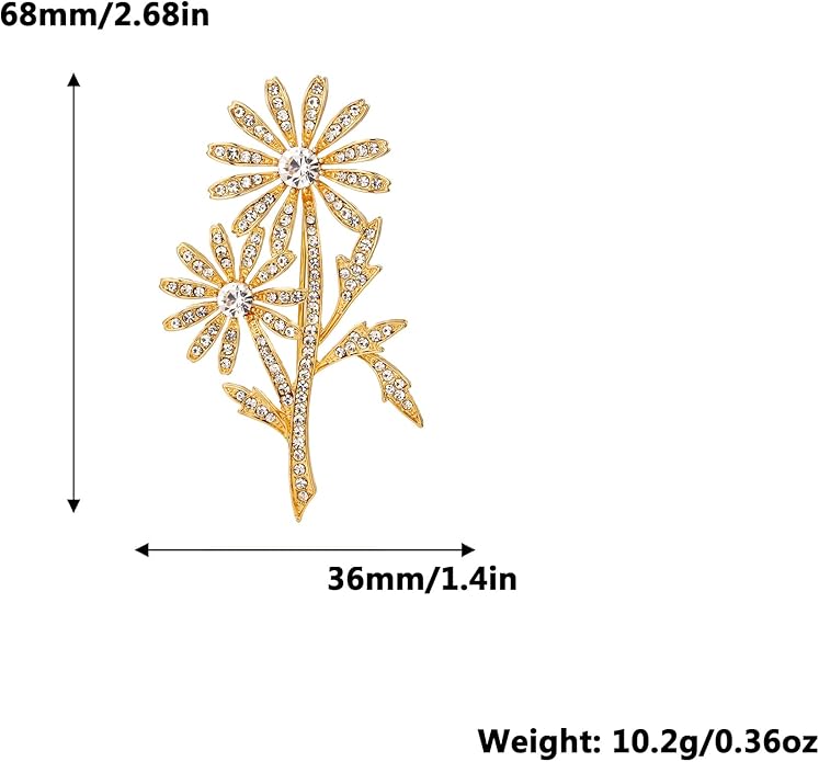 Crystal Brooch Vintage Floral Gold Pin Micro Pave Daisy/Tulip Rhinestone Embellishment for Women Holiday styles.