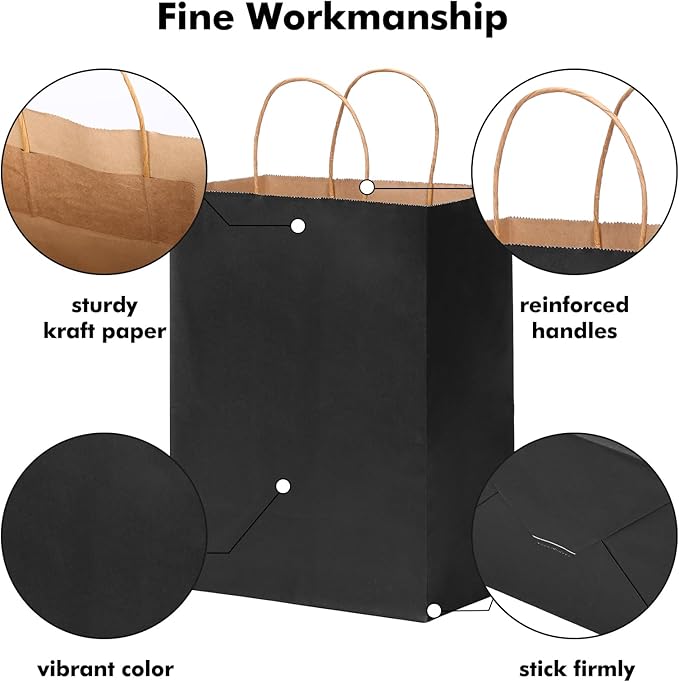 OUTUXED Black Gift Bags, 35pcs Kraft Paper Bags with Handles, 7.1x3.6x9.3in Medium Size for Retail, Gift Wrapping, and Shopping