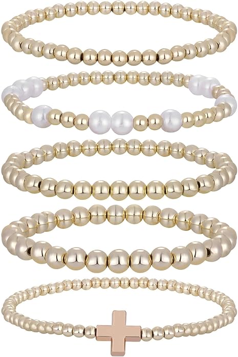 Kvekstio Gold Beaded Bracelet Set for Women – 5 Pack Layered Stackable Stretch Bracelets with Mixed Bead Sizes, Pearl-Style & Cross Charm, Minimalist Beads Jewelry Gifts for Everyday Wear & Holiday