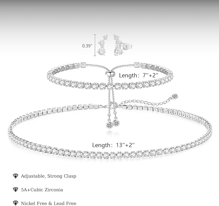 Tennis Necklace Bracelet for Women, Dainty Sterling Sliver Choker Necklace Crystal Link Bracelet Stud Earrings for Women Wedding Jewelry for Bride Jewelry Set Accessories