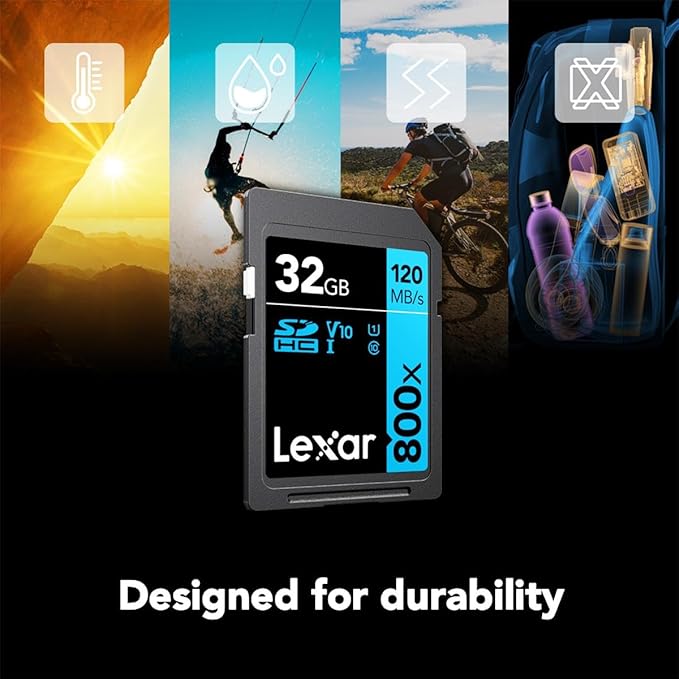 Lexar High-Performance 800x 32GB (2-Pack) SDHC UHS-I Memory Cards, C10, U1, V10, Full-HD & 4K Video, Up to 120MB/s Read, for Point-and-Shoot Cameras, Mid-Range DSLR, HD Camcorder (LSD0800032G-B2NNU)