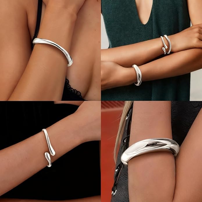 Chunky S925 Sterling Silver Plated Bangle Bracelets Stack for Women, Thick Statement Silver Plated Stackable Bangle Cuff Bracelets Set,Trendy Big Large Gold Bracelet Stacked Fashion Jewelry Gifts Non Tarnish