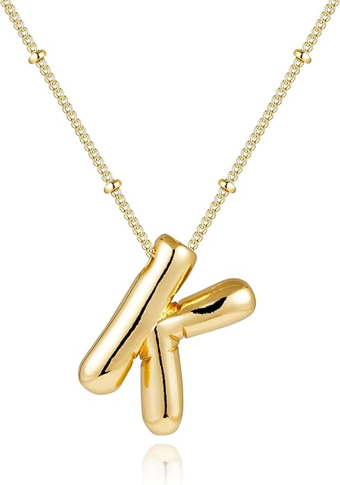 Inerney Valentines Day Gifts Gold Bubble Letter Necklace Initial Necklaces for Women, Chunky 14K Plated Balloon Initials, Trendy Charm Non Tarnish Custom Name Pendant Jewelry Gifts for Mom
