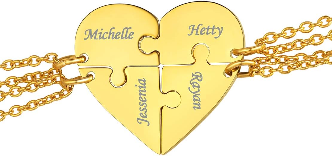 FindChic Personalized Matching BFF Necklace for 2/3/4/5/6 Puzzle Name Heart Pendant Stainless Steel Couple Necklace Set Customized Necklaces for Teen Girls