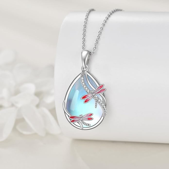 KQF Dragonfly/Butterlfy/Cat/Jellyfish/Bunny/Axolotl/Bee/Mermaid/Hummingbird/Elephant Necklace for Women Sterling Silver Moonstone Pendant Necklace Dragonfly Jewelry Gifts for Women
