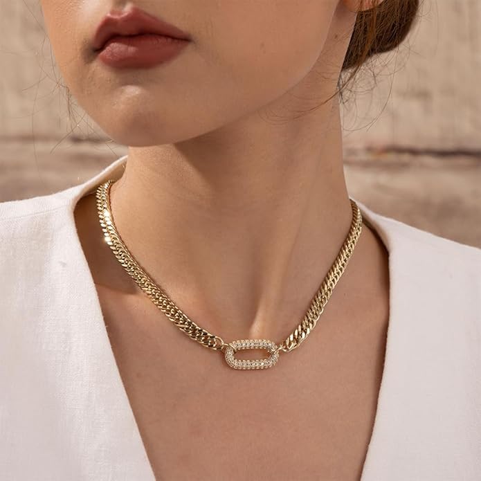 Gold Necklace for Women - Chunky 14K Gold Plated Chain Necklace Cuban Link Paperclip Chain Herringbone Statement Choker Necklace for Women Simple Trendy Jewelry Gifts