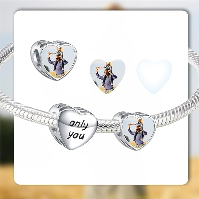 Annmors Personalized Photo Charm for Bracelet Necklaces,925 Sterling Silver Charm Love Heart Shaped Engraved Customize Picture Gift for Birthday Mother's Day Christmas,Bead Charms Jewelry for Women