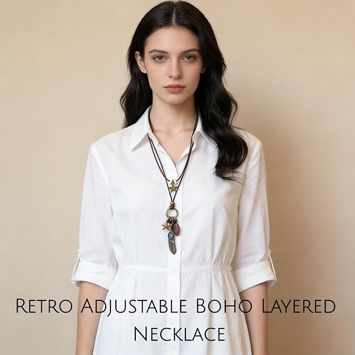 MEETCUTE Vintage Layered Necklace for Women, Leather Cord with Star Feather Turquoise Charms, Retro Boho-Statement Jewelry for Daily Outfit & GiftS