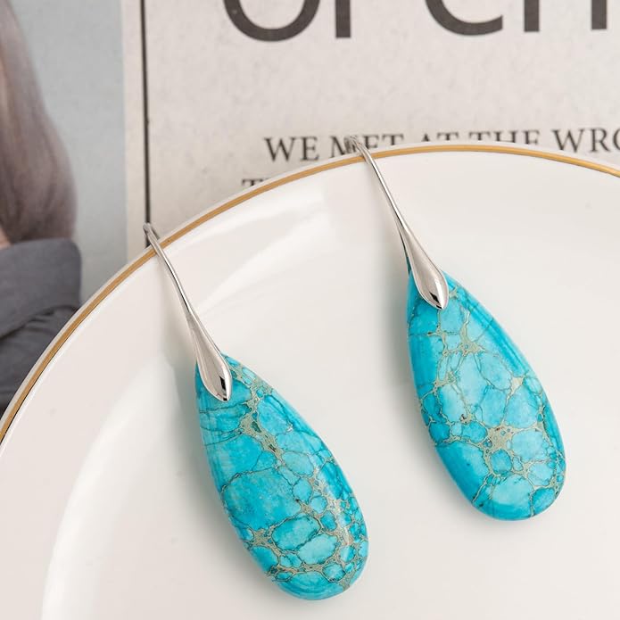 Natural Healing Stone Fishhoop Dangle Drop Earrings Statement Gold silver earrings
