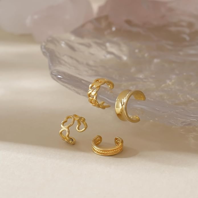 CHIC & ARTSY 925 Sterling Silver Ear Cuffs for Women, Non Piercing Clip On Cartilage Cuffs, Adjustable Fake Conch & Helix Earrings, Gold Plated & Oxidized Various Styles