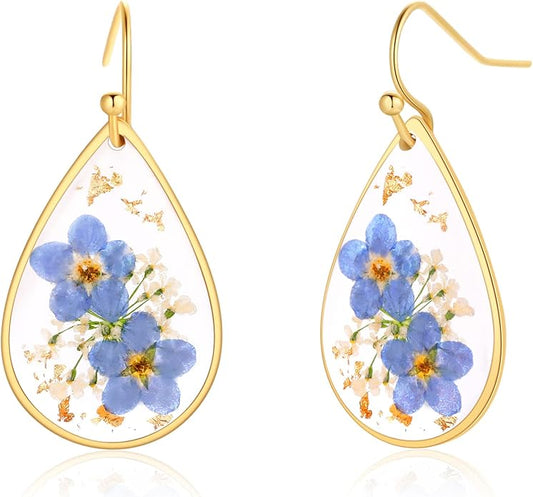 Forget-Me-Not and Queen Anne's Lace Pressed Wildflower Earrings | Pressed Flower Earrings | Handmade Drop and Dangle Earrings | Gift for Woman