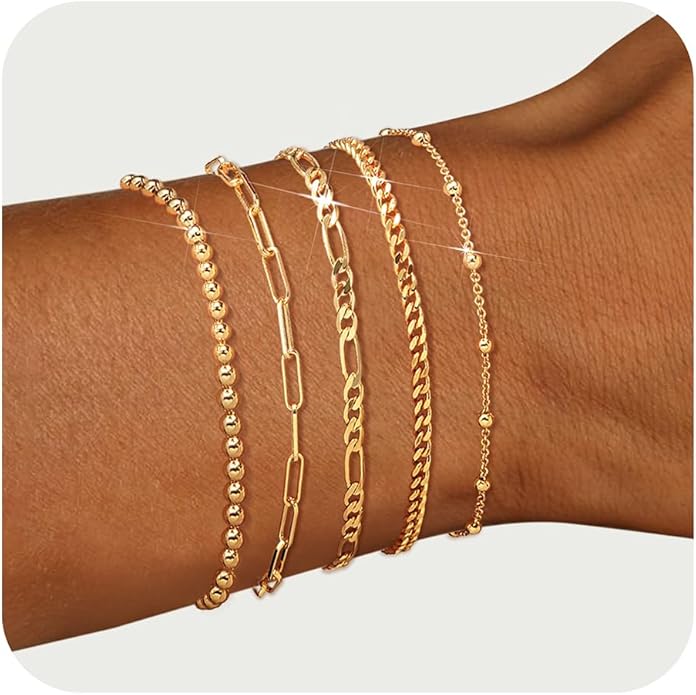 adoyi Valentines Day Gifts for Her Gold Bracelets for Women, 14K Gold Plated Stackable Bracelet Stack Set Adjustable Charm Paperclip Chain Cuban Link Layered Waterproof Jewelry Sets Gifts for Womens