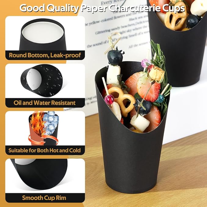 100 Sets 12 oz Black Charcuterie Cups with Sticks, 300 Picks + 100 Bags + 100 Labels, Individual Charcuterie Cups, Paper Snack Cups Disposable French Fry Cups for Parties, Catering