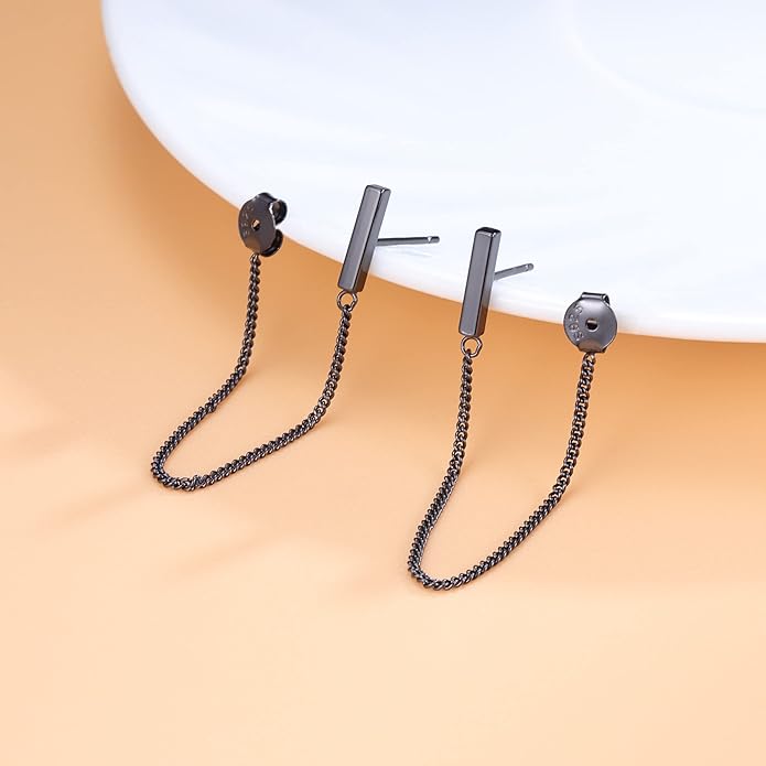 Reffeer Solid 925 Sterling Silver Stud Earrings Minimalist Bar Earrings with Chain Dangle Earrings For Women